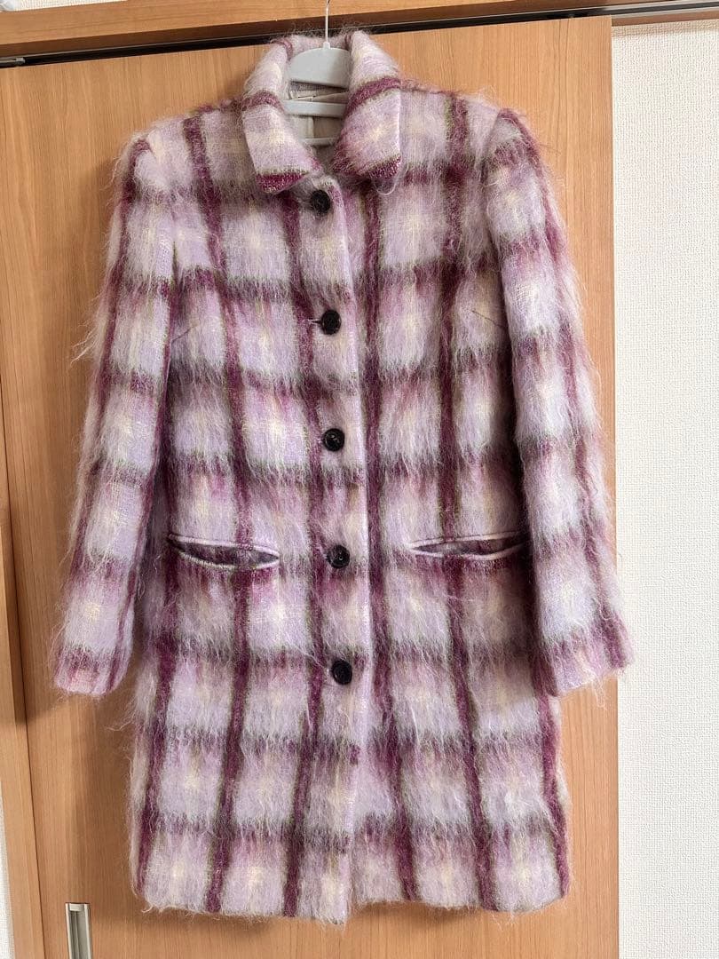 kate spade パープル系チェック柄 モヘア　シャギーコート