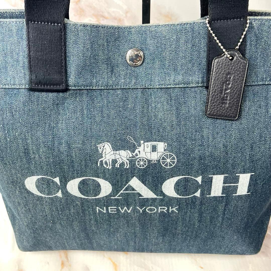 【美品】COACH コーチ トートバッグ 花柄 デニム インディゴ ピックロゴ