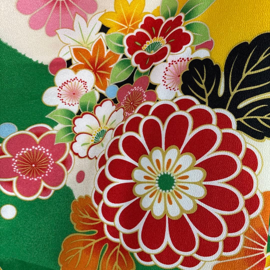七五三　着物セット　7歳　緑色　黄色　大輪柄　華やか　ポップ