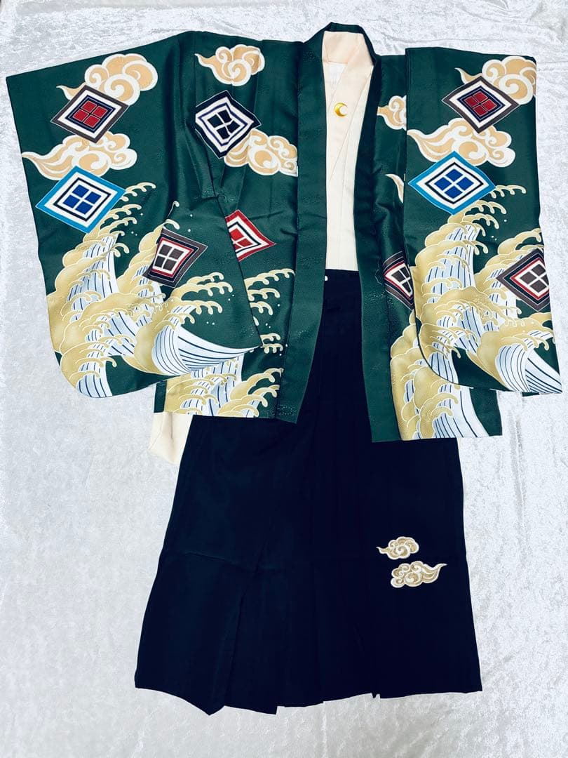 七五三　羽織袴セット　男の子5歳用　緑黒クリーム