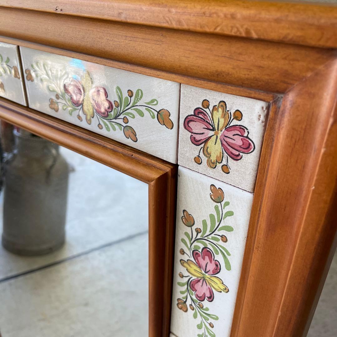 ヴィンテージ タイル張り ウッドミラー 壁掛け 鏡 姿見 パイン材 バレンシア