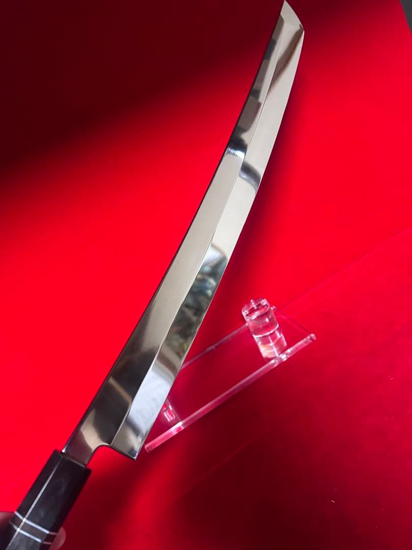 包丁　マグロ包丁　先丸型　尺三　鬼反り　鏡面仕上げ　切味抜群　箱付　未使用品