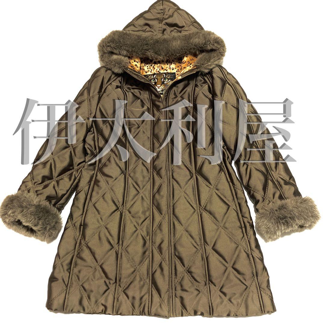 ✨美品✨伊太利屋　ファーフード付　キルティング　ロングコート　レオパード柄