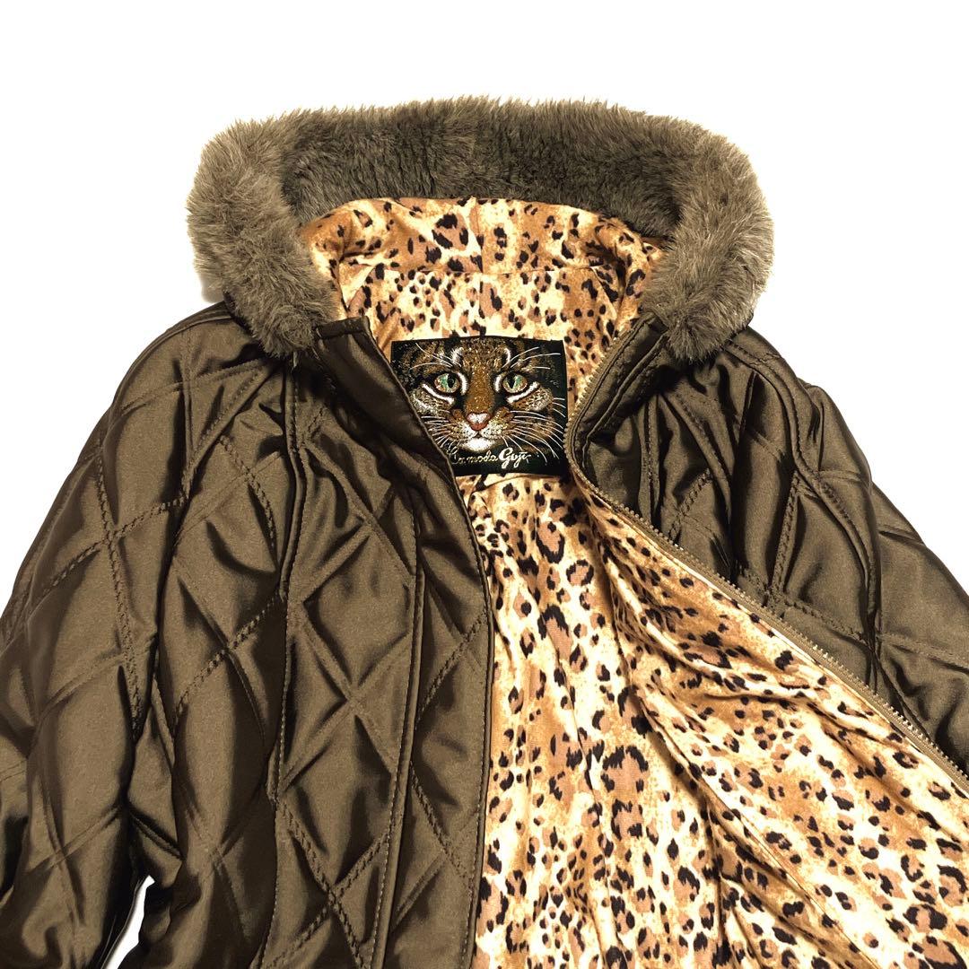 ✨美品✨伊太利屋　ファーフード付　キルティング　ロングコート　レオパード柄