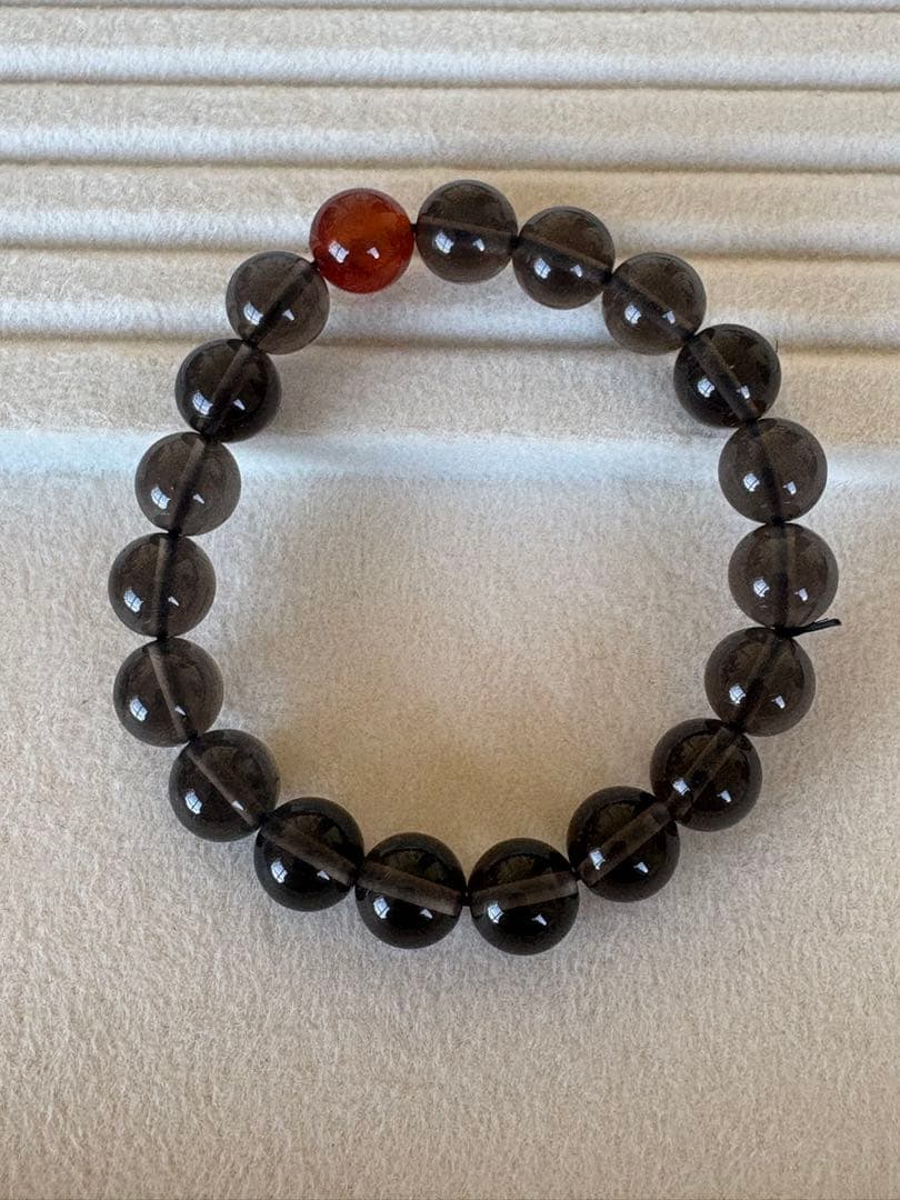 スモーキークォーツ 天然石 黒赤ブレスレット 10mm 精神安定　高品質