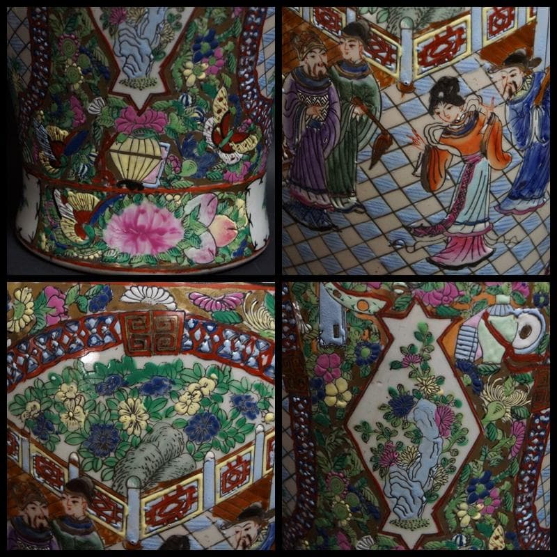 乾隆年製在銘 粉彩色絵窓絵『人物花蝶祥瑞文』大型飾壺 花瓶 高46.5cm
