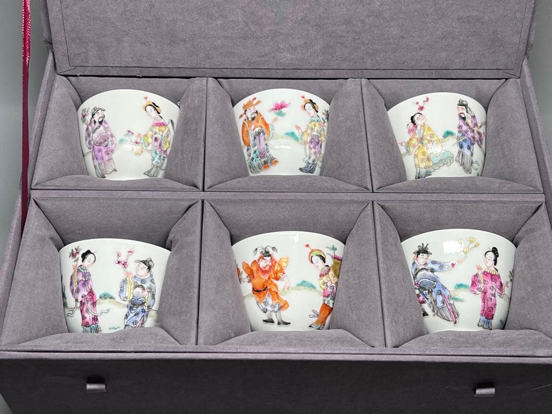 中国古美術 古磁 玩玉在銘 湯呑み 6点セット 手描き 細工粉彩 茶道具 箱付き