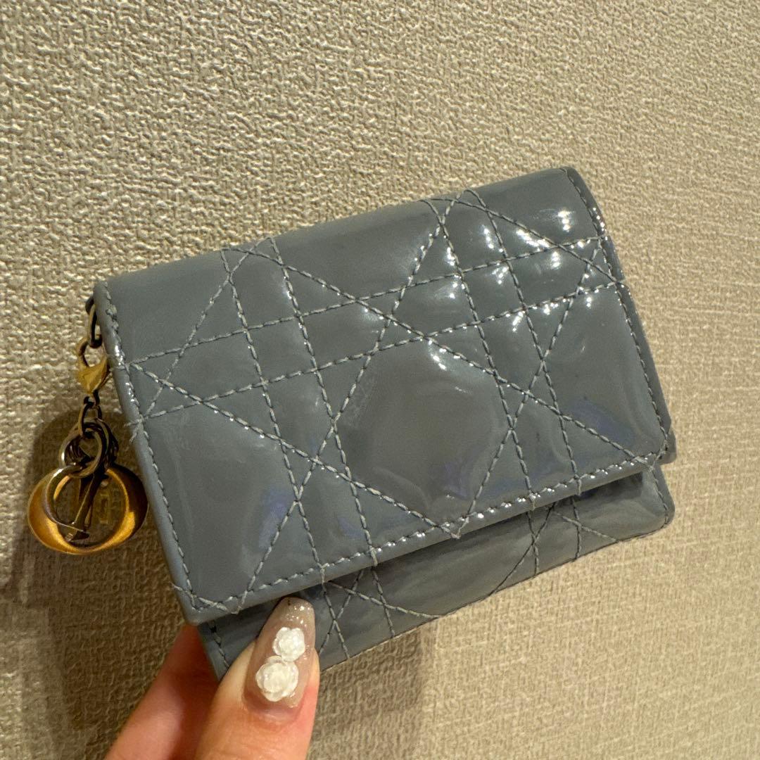 Dior ロータスウォレット ブルーグレー エナメル キルティング 財布