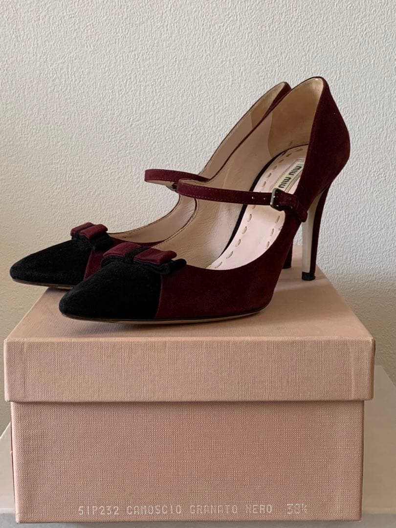 Miumiu ストラップパンプス38.5 スウェード　ディープパープル×ブラック
