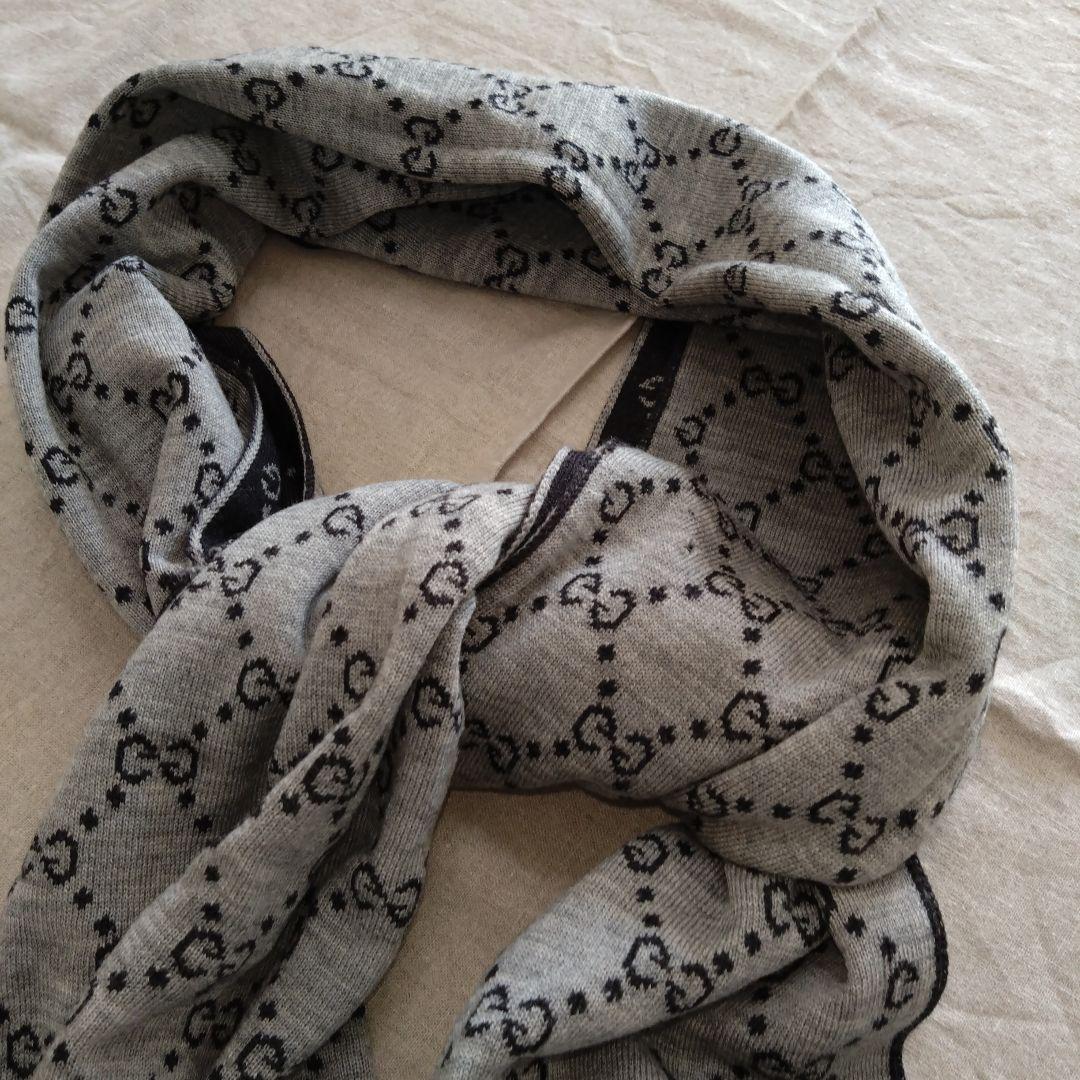 GUCCI ブラック GGパターン マフラー①　ウール100%