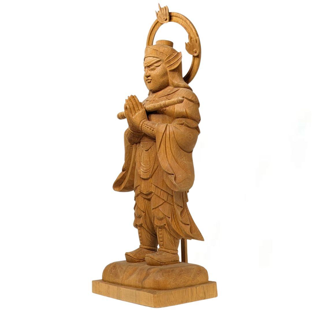 【セール中・新品】 韋駄天　荒彫り　総檜　台付　総高さ約46.5㎝　仏像　檜