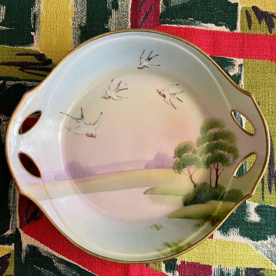 貴重品！オールドノリタケ　ハンドペイント燕と風景画アンティーク食器/明治大正時代