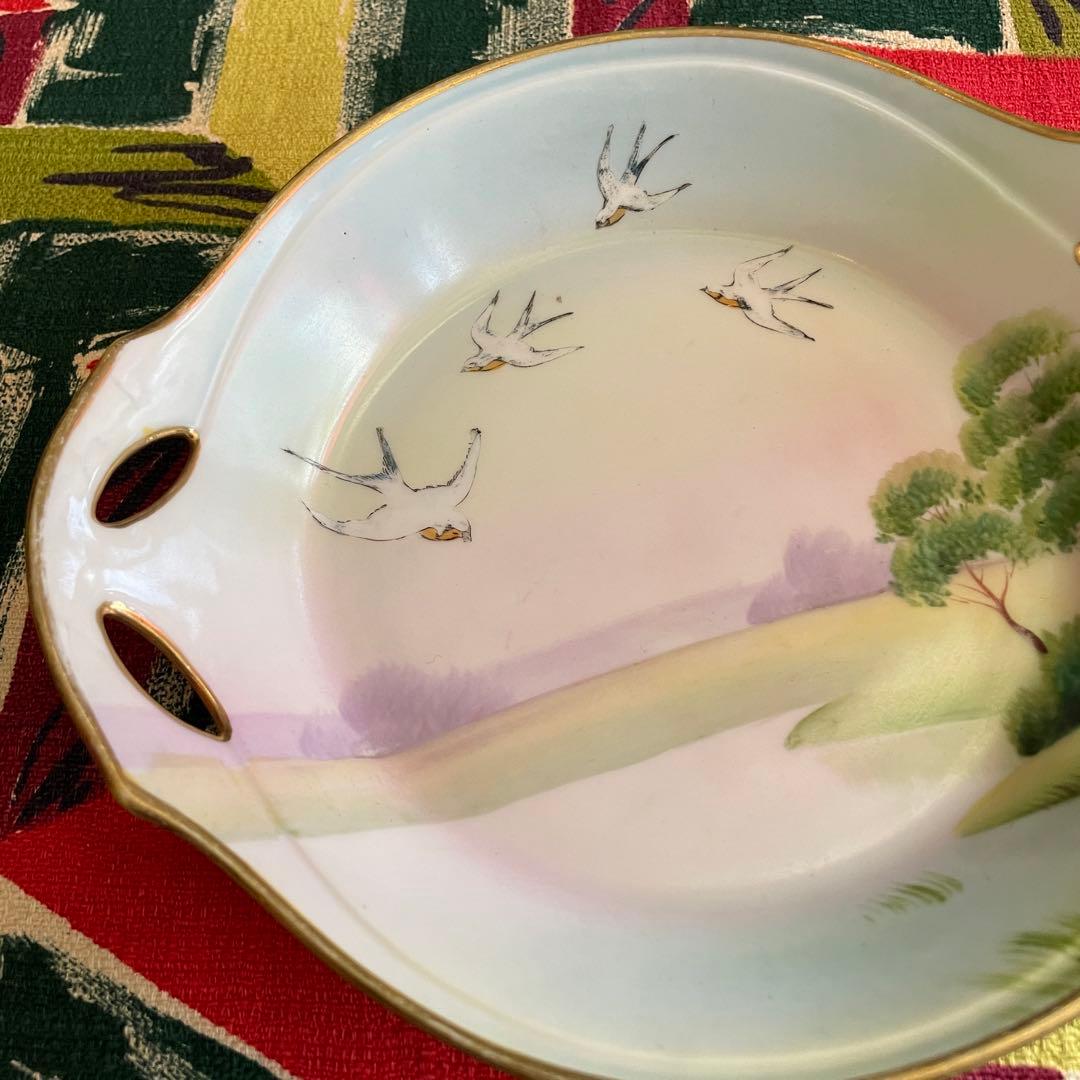 貴重品！オールドノリタケ　ハンドペイント燕と風景画アンティーク食器/明治大正時代