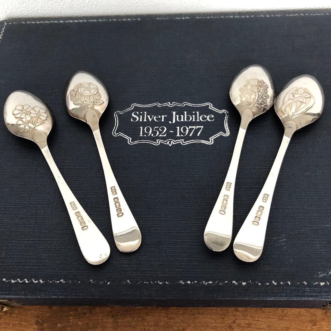 ヴィンテージ　マッピン＆ウェッブ　純銀製　記念ホールマーク　4種花柄　スプーン