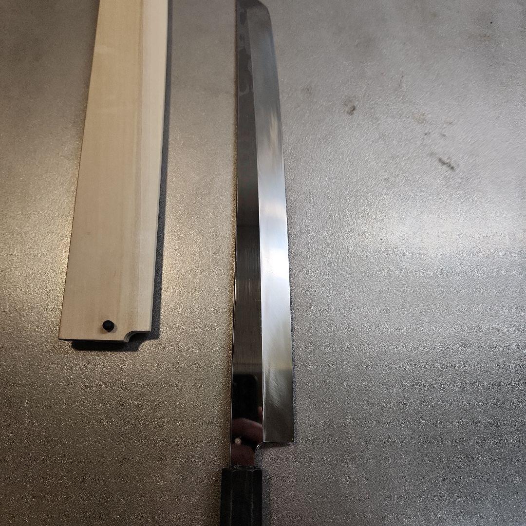 鉄拳良政　先丸柳刃包丁　本焼　尺1　V金10号　銀巻き　黒檀八画柄