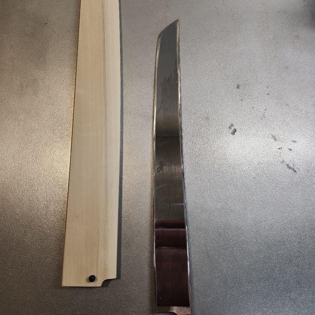 鉄拳良政　先丸柳刃包丁　本焼　尺1　V金10号　銀巻き　黒檀八画柄