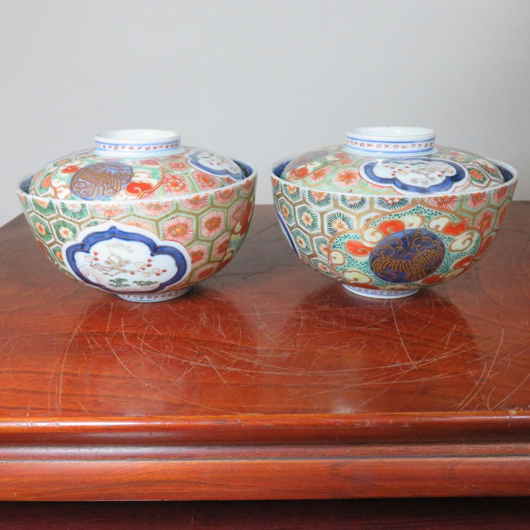 蓋物 ペア 色絵付 錦蒸し茶碗 金彩 古伊万里 蔵出し 初荷