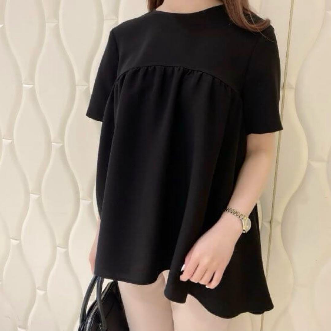 アベニールエトワール 切替フレアブラウス 36 ブラック 黒　半袖