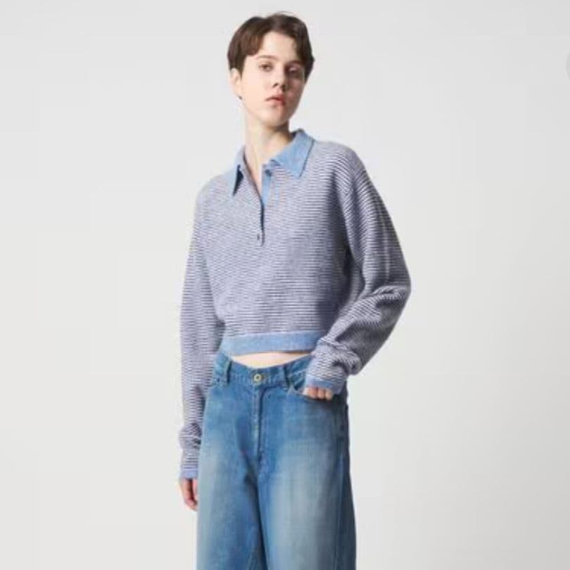 ＜6(ROKU)＞アルパカウールナイロン ポロニット ブルー