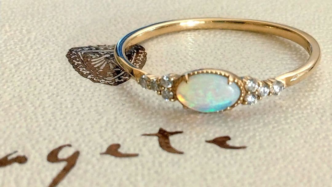 アガット K10 ダイヤモンド オパール リング 13号 遊色 オーロラ 美品