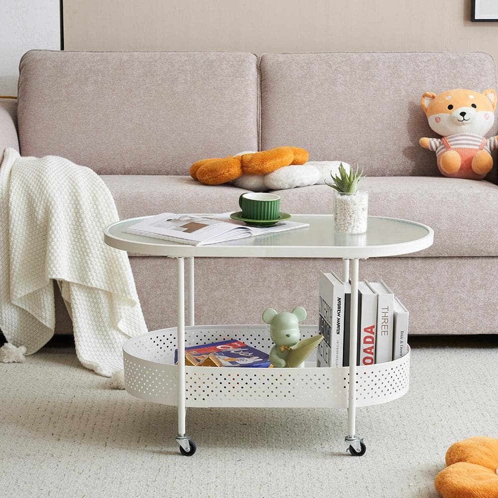 【新作登場】ガラステーブル キャスター付き 収納付き 幅80 【ホワイト】