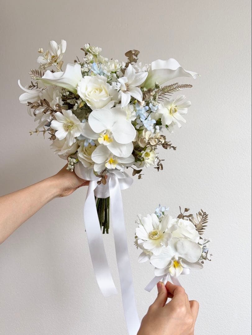 ウェディングブーケ&ブートニア セット　前撮りブーケ　アーティフィシャルフラワー