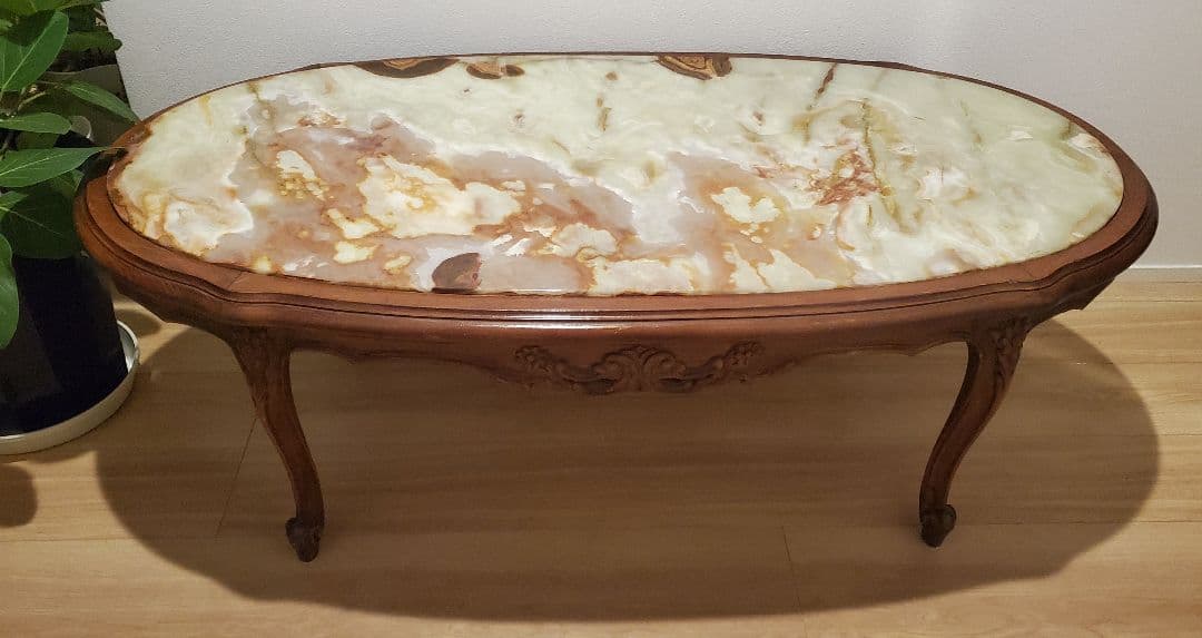 ​【イタリア製】天然石グリーンオニキス センターテーブル 猫脚 大理石