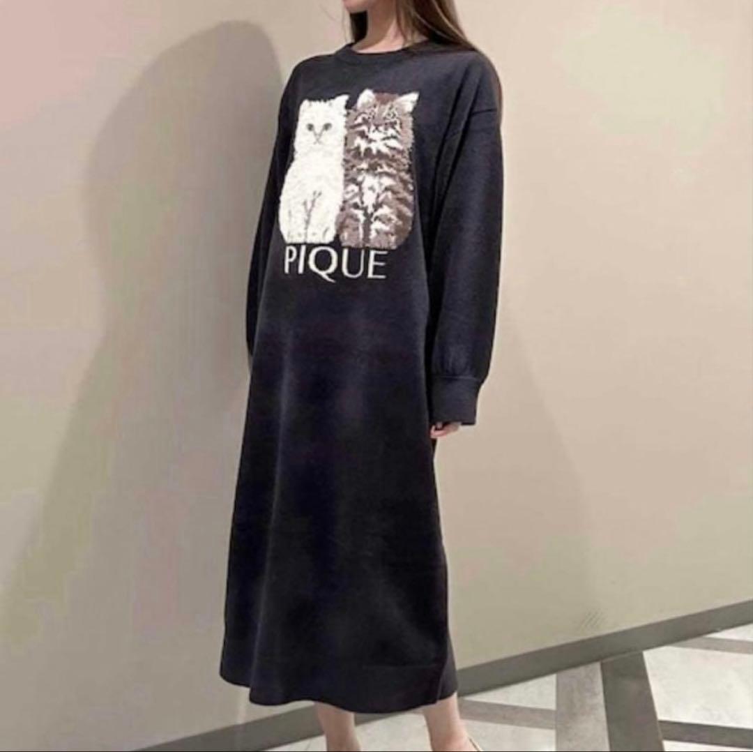 新品♡ジェラートピケ♡ツインキャットジャガードワンピース　ネイビー　今季