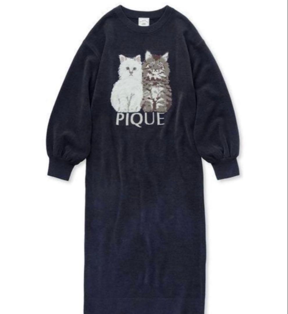 新品♡ジェラートピケ♡ツインキャットジャガードワンピース　ネイビー　今季