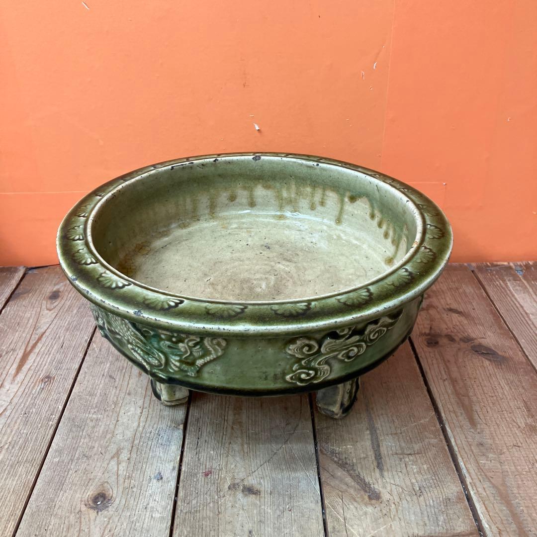 D-壁 盆栽鉢 睡蓮鉢 メダカ鉢 水盤 花器 陶器鉢 龍 雲龍 緑釉 貫入 アン