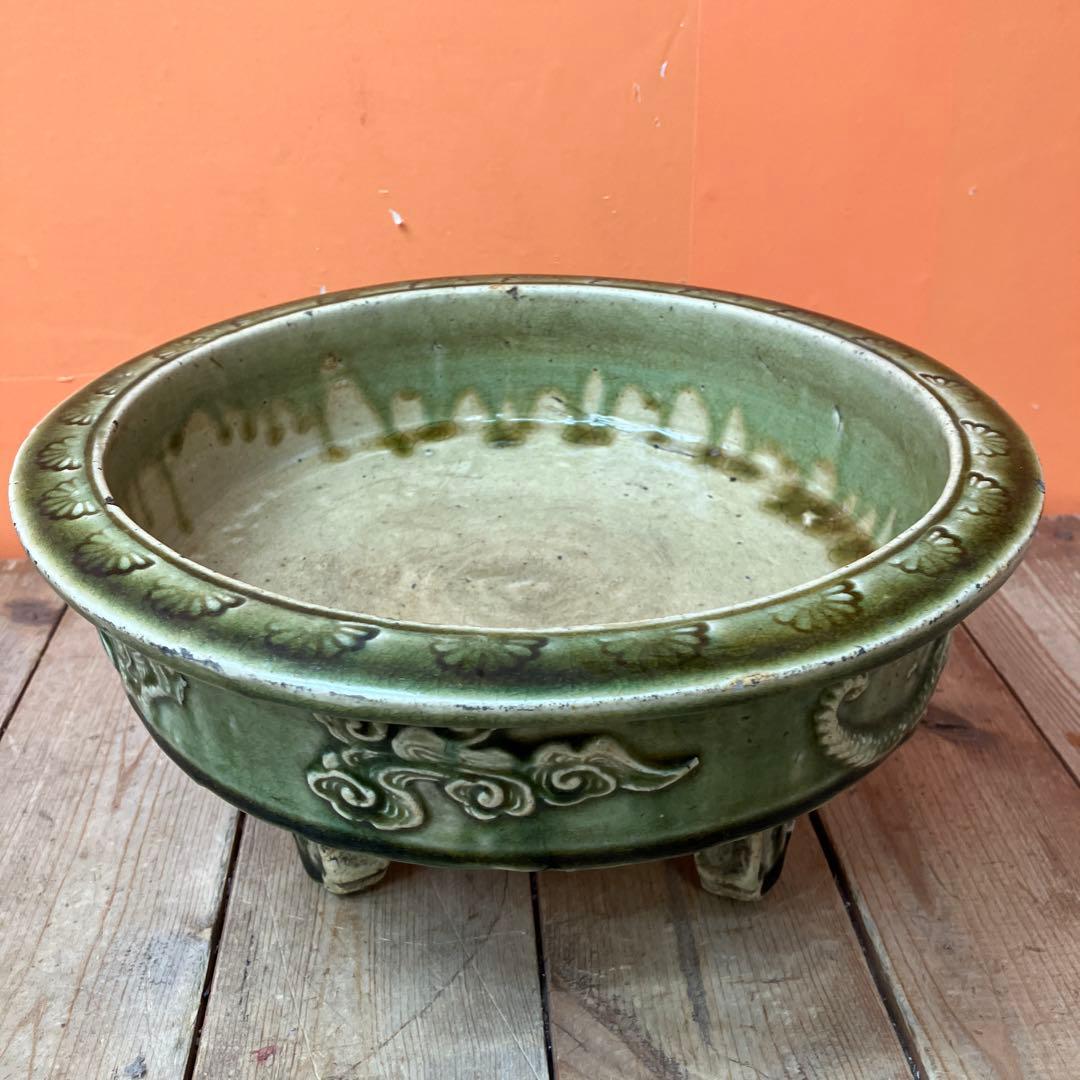 D-壁 盆栽鉢 睡蓮鉢 メダカ鉢 水盤 花器 陶器鉢 龍 雲龍 緑釉 貫入 アン