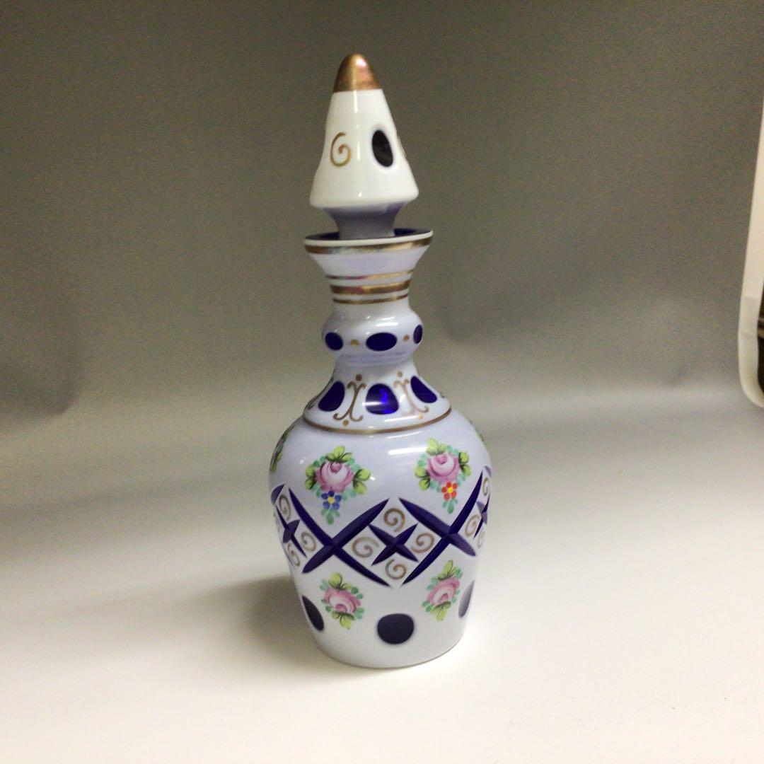 ★BOHEMIA ボヘミア　エナメル　デキャンタ　ブルー　カットグラス　花