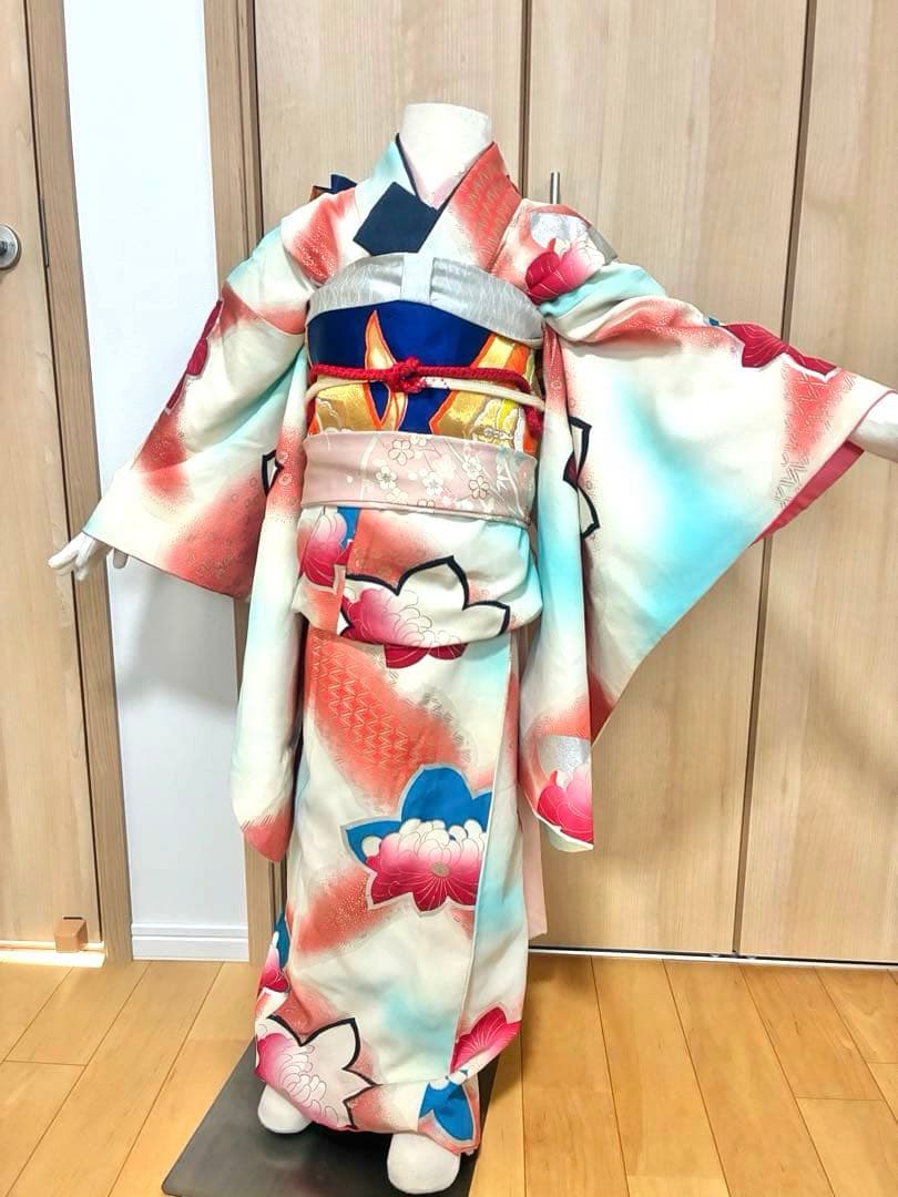 七五三 七歳女の子 着物 水色 ピンク ぼかし 花柄