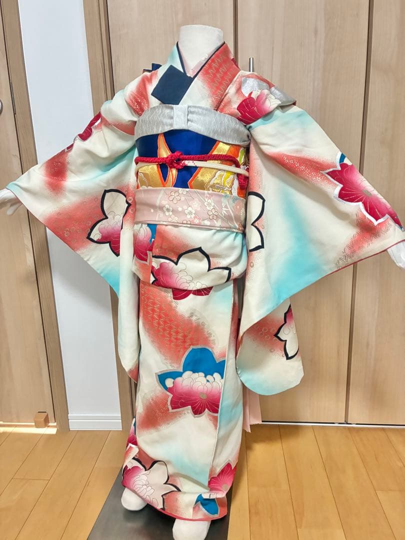 七五三 七歳女の子 着物 水色 ピンク ぼかし 花柄