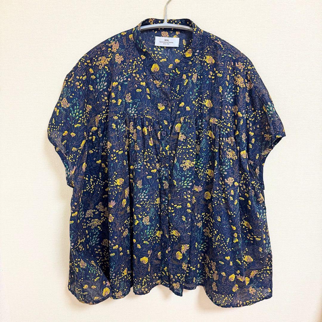 【美品】SOIL ソイル 花柄 フレンチスリーブシャツ 綿100% ネイビー
