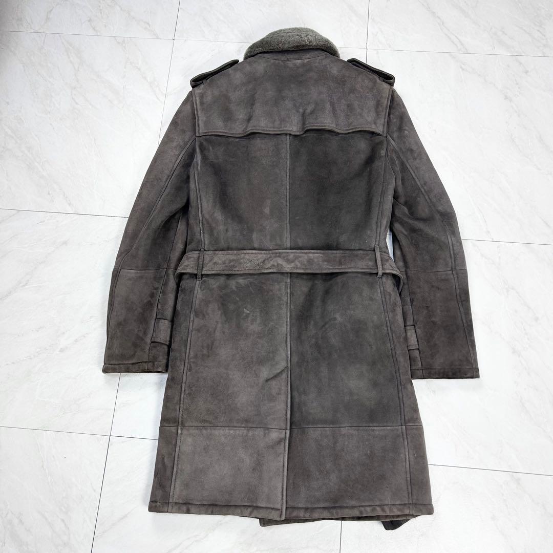 極美品 近年 バーバリー オールレザー ムートン トレンチコート 46 グレー