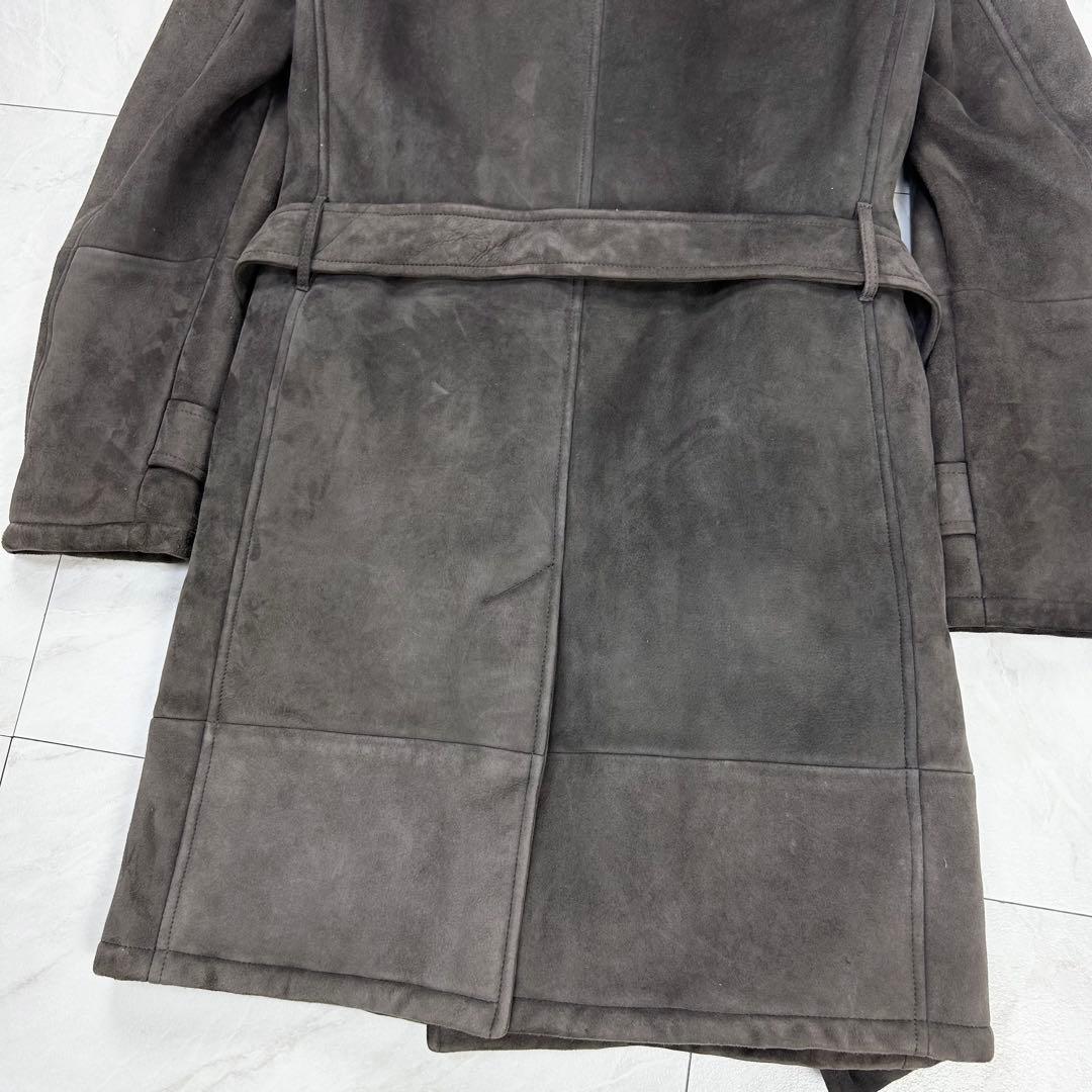 極美品 近年 バーバリー オールレザー ムートン トレンチコート 46 グレー