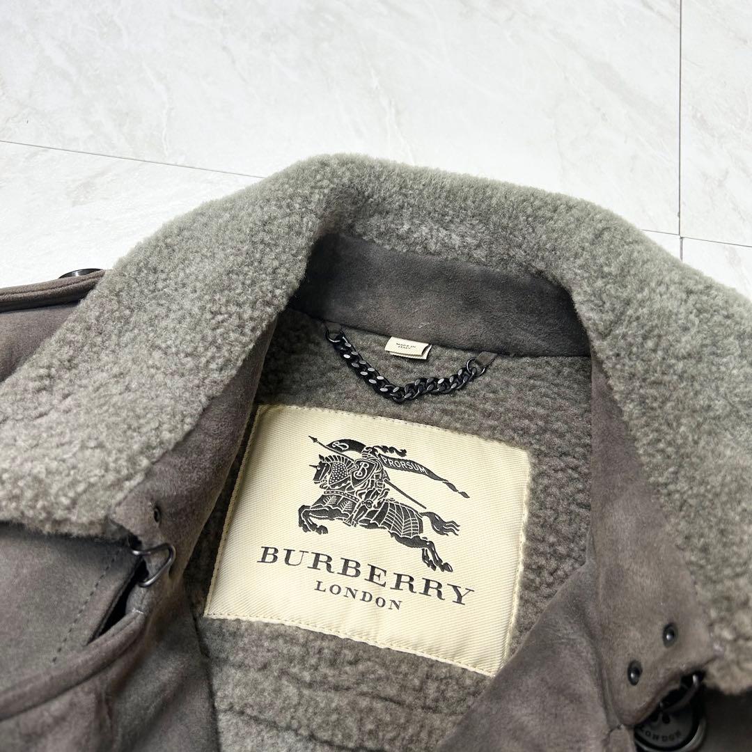 極美品 近年 バーバリー オールレザー ムートン トレンチコート 46 グレー