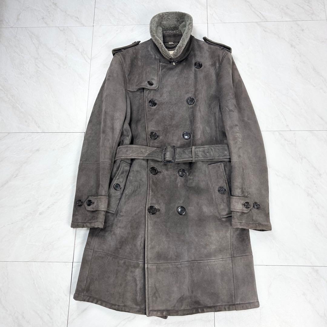 極美品 近年 バーバリー オールレザー ムートン トレンチコート 46 グレー