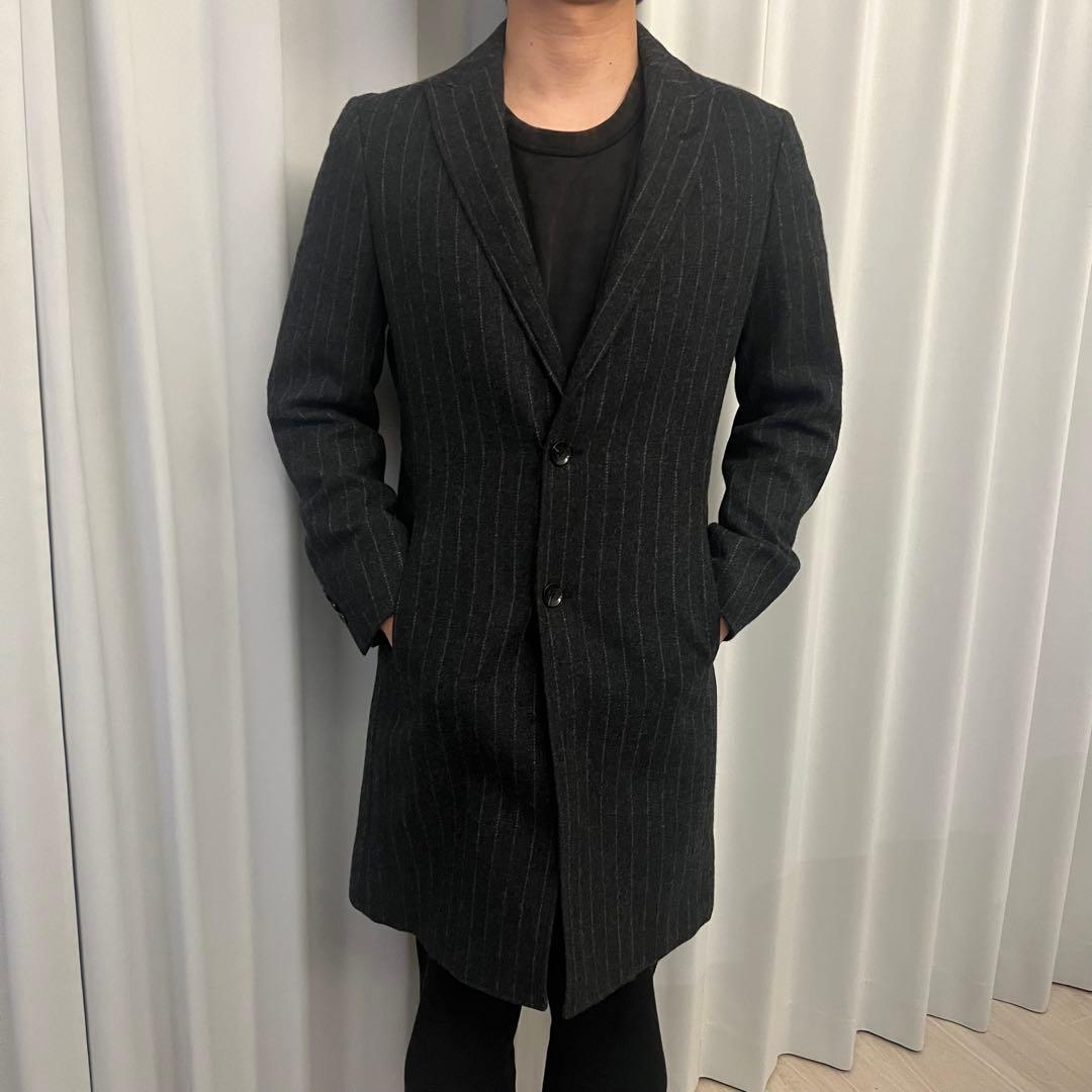 【新品】スーツセレクト　チェスターコート/グレー×ホワイトストライプ