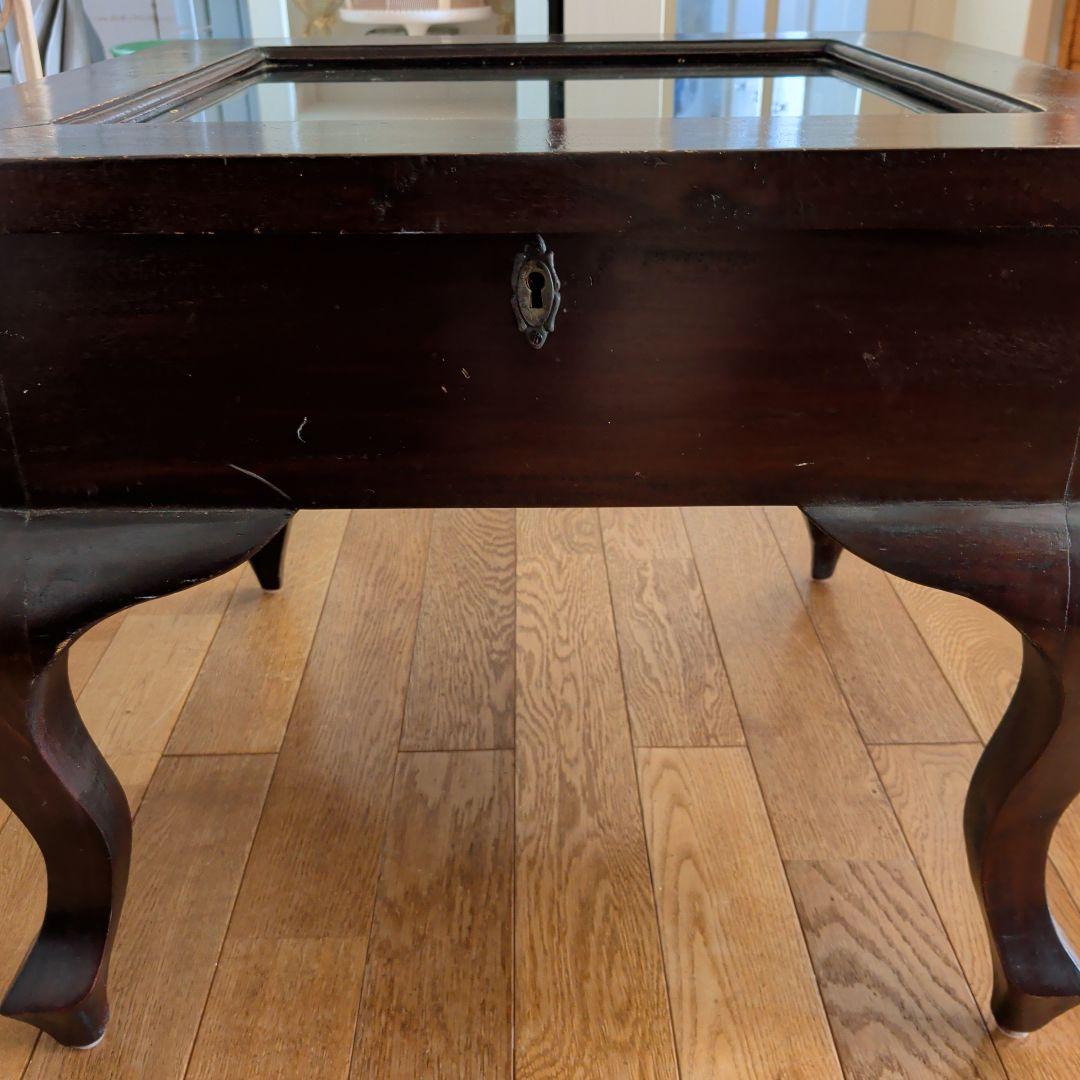 アジアン家具　サイドテーブル　収納付き　ガラス天板　ブラウン