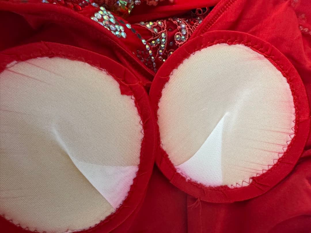 社交ダンスドレス 赤色 ラインストーン刺繍装飾チョーカー フロート付き L