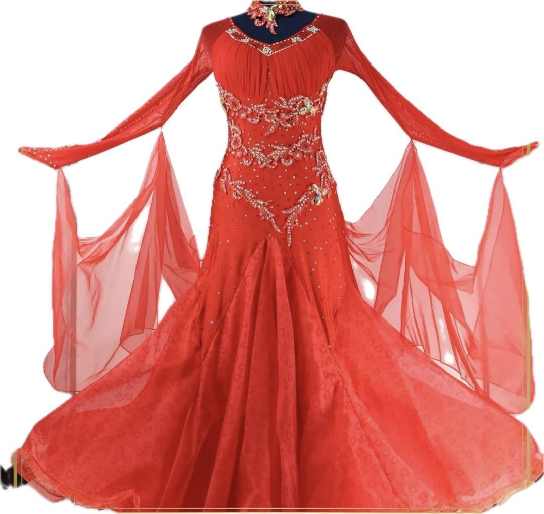 社交ダンスドレス 赤色 ラインストーン刺繍装飾チョーカー フロート付き L
