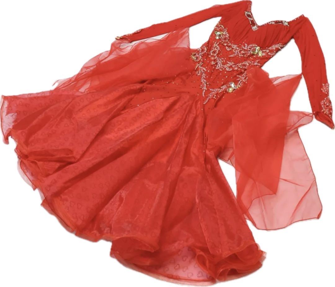 社交ダンスドレス 赤色 ラインストーン刺繍装飾チョーカー フロート付き L