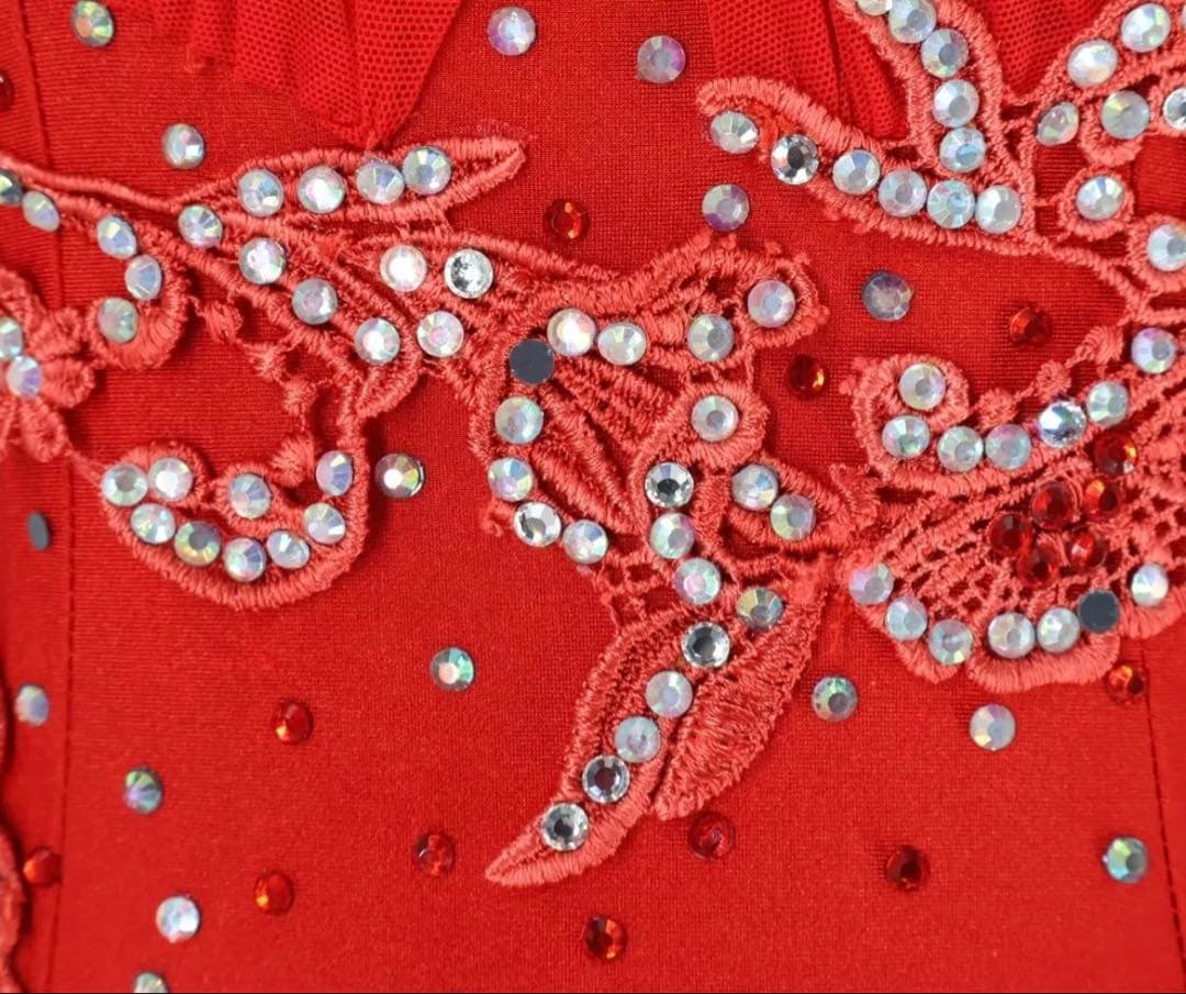 社交ダンスドレス 赤色 ラインストーン刺繍装飾チョーカー フロート付き L