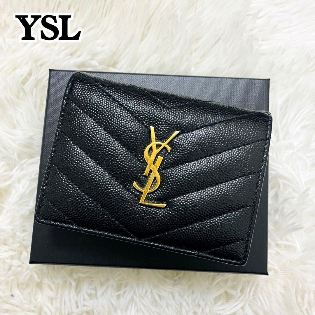 極美✨付属完備✨サンローラン 二つ折り財布 キルティング Vステッチ レザー 黒