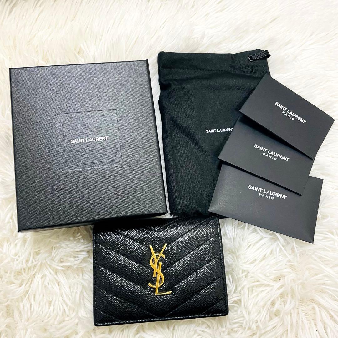 極美✨付属完備✨サンローラン 二つ折り財布 キルティング Vステッチ レザー 黒