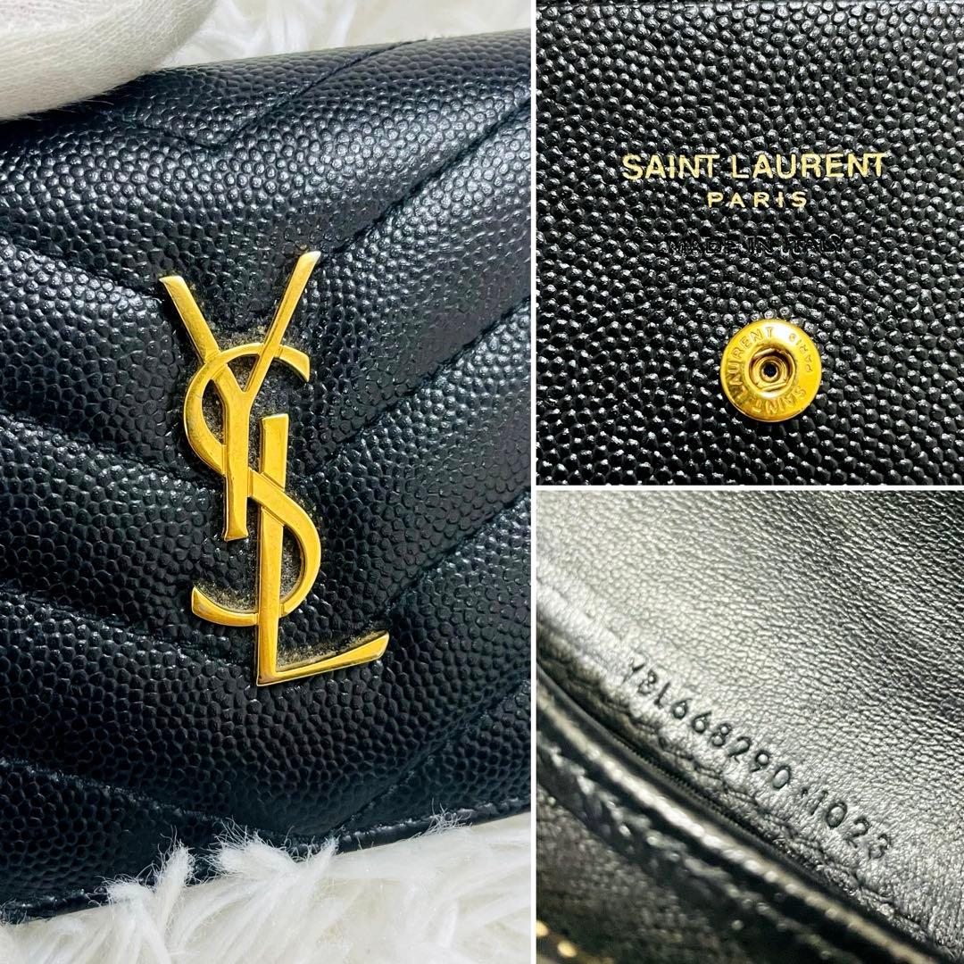 極美✨付属完備✨サンローラン 二つ折り財布 キルティング Vステッチ レザー 黒