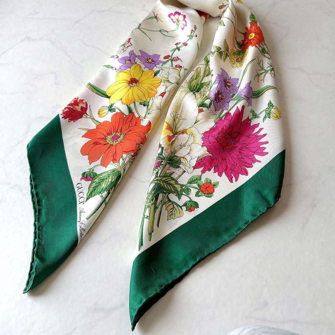 GUCCI フローラ ブーケ柄 大判 シルクスカーフ グリーン