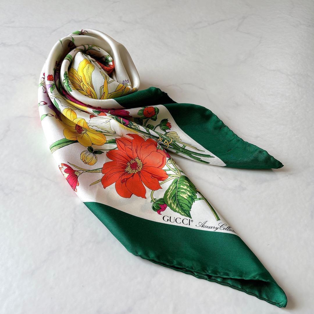 GUCCI フローラ ブーケ柄 大判 シルクスカーフ グリーン